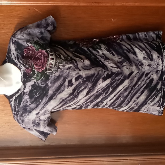 Sinful Black /White Print With Pink Roses and Skull Small Size Stretchy - Picture 2 of 14